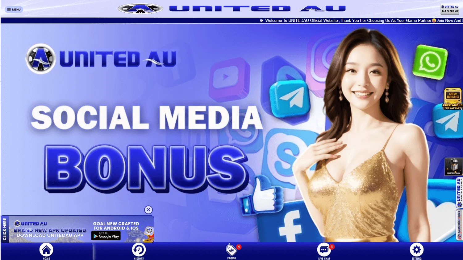United Au Casino home interface on desktop with casino offers and account access