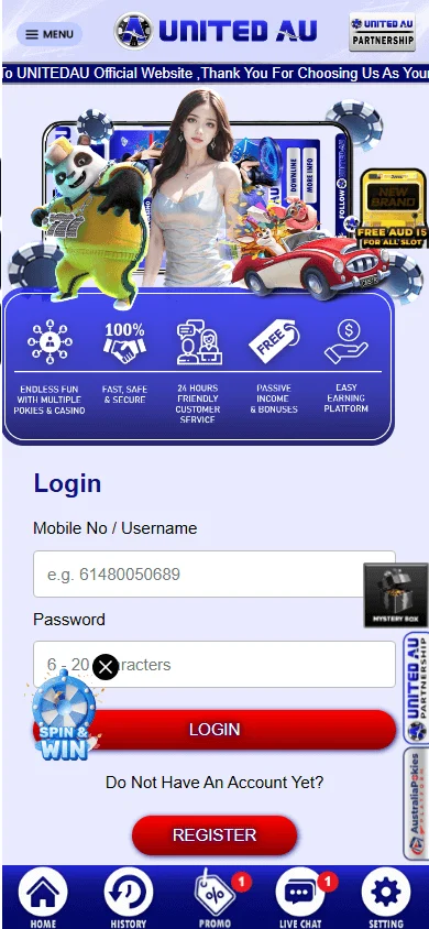 United Au Casino mobile casino interface for phone play and account access