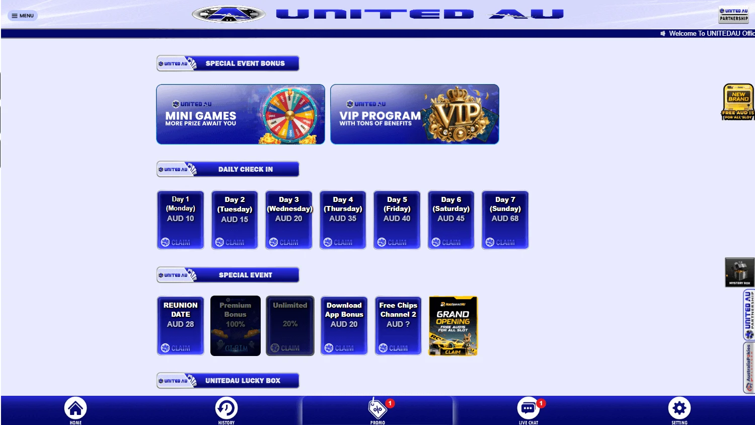 United Au Casino promotions interface on desktop with bonus and leaderboard offers