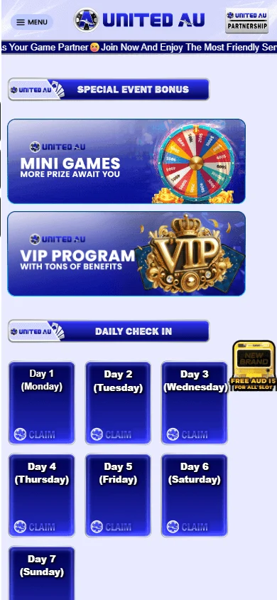 United Au Casino mobile promotions interface with bonus and promotional offers